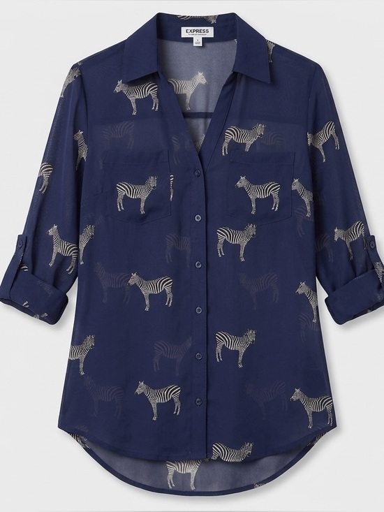 Express Tops - Express Zebra Print Blouse The Portofino Shirt - Sheer - Size XS - Electric Blue